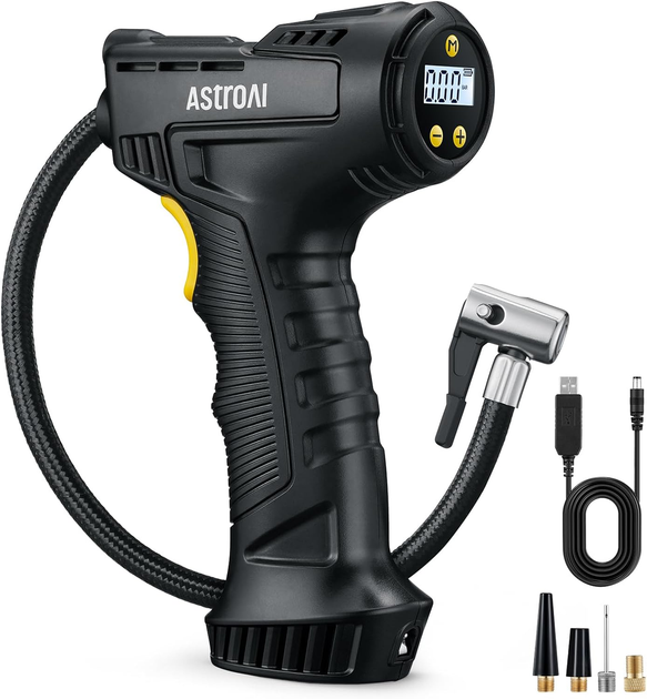 Беспроводной компрессор AstroAI C4 150 PSI, автостоп, цифровой манометр, LED, 4 адаптера, 450 г, для авто/мото/вело - изображение 2