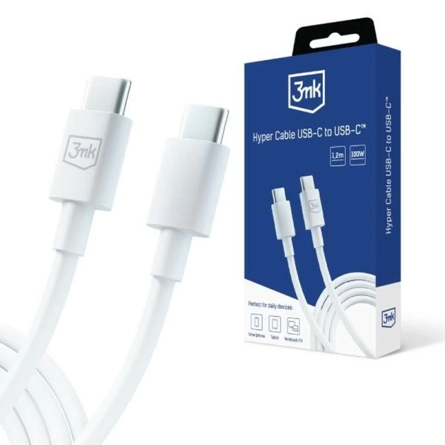 Кабель 3mk Hyper Cable USB-C - USB-C 100W 1.2m White (5903108541213) - Фото 1 Кабель 3mk Hyper Cable USB-C - USB-C 100W 1.2m White (5903108541213) - изображение 1