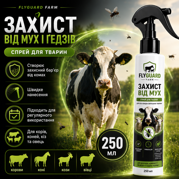 Препарат для защиты животных от мух FLYGUARD FARM Антипаразитарные средства для животных 250мл Средства от насекомых для лошадей - Фото 1 Препарат для защиты животных от мух FLYGUARD FARM Антипаразитарные средства для животных 250мл Средства от насекомых для лошадей - изображение 1