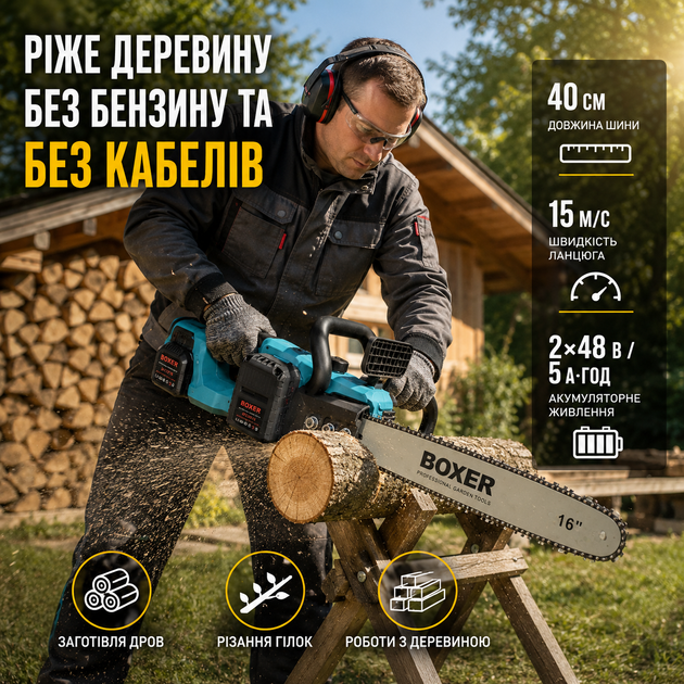 Аккумуляторная пила BOXER BX-3316 48 В 5 А·ч цепная беспроводная 40 см электропила 16 дюймов с 2 батареями бесщеточная 15 м/с для дерева веток дров сада автоматическая смазка натяжение - изображение 4