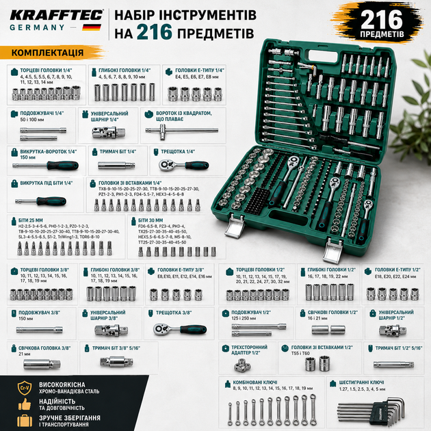 Набор инструментов Krafftec Germany 216 шт в кейсе универсальный автомобильный комплект для дома гаража мастерские ремонта авто слесарный набор ключей торцевых головок трещотки бит ручной инструмент в чемодане - изображение 10
