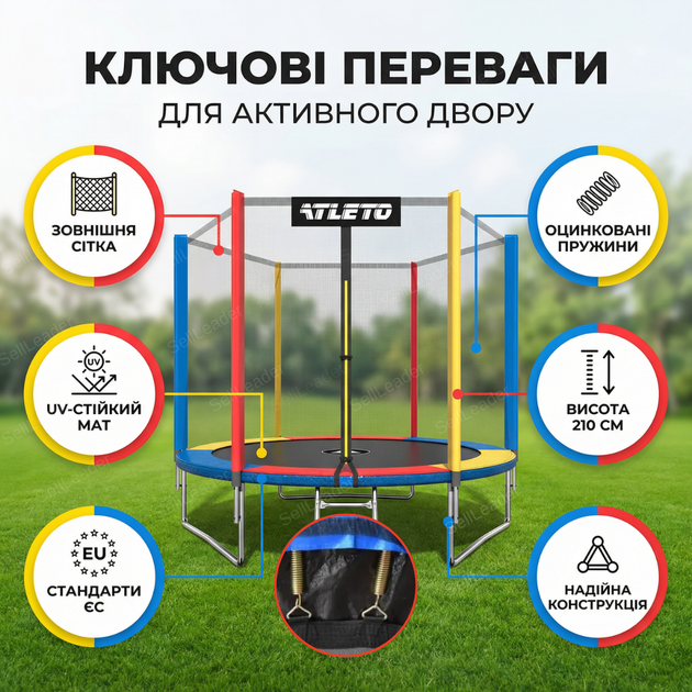 Батут Atleto 252см с сеткой multikolor трамплин до 100кг прыгательная платформа 42 пружины садовая высота 210см - Фото 2 Батут Atleto 252см с сеткой multikolor трамплин до 100кг прыгательная платформа 42 пружины садовая высота 210см - изображение 2