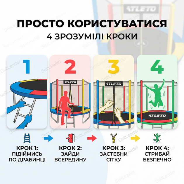 Батут Atleto 252см с сеткой multikolor трамплин до 100кг прыгательная платформа 42 пружины садовая высота 210см - Фото 8 Батут Atleto 252см с сеткой multikolor трамплин до 100кг прыгательная платформа 42 пружины садовая высота 210см - изображение 8