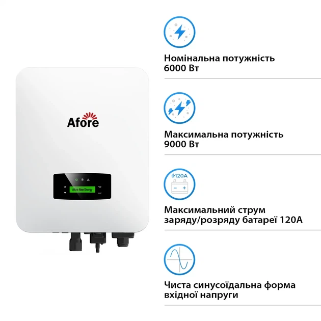 Гібридний інвертор Afore AF6K-SLP 6KW 48V 2 MPPT Wi-Fi 220V Однофазний (AF6K-SLP) - Фото 2 Гібридний інвертор Afore AF6K-SLP 6KW 48V 2 MPPT Wi-Fi 220V Однофазний (AF6K-SLP) - изображение 2