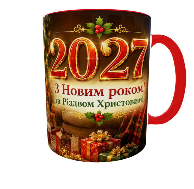 Кружка (чашка) з принтом «З Новим роком! та Різдвом Христовим!» 2027 із серії «Різдвяна Казка» – новорічний та різдвяний подарунок | Керамічна 330 мл(червона ручка) - зображення 7