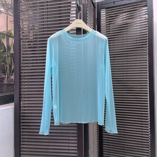 Прозора сітчаста кофтинка лонгслів xs/s блакитний (50r040) - Фото 2 Прозора сітчаста кофтинка лонгслів xs/s блакитний (50r040) - изображение 2