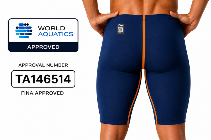 Стартові шорти для плавання чоловічі TAUPOC World Aquatics Approved, змагальні - 28 розмір (сині з помаранчивими смугами) - Фото 2 Стартові шорти для плавання чоловічі TAUPOC World Aquatics Approved, змагальні - 28 розмір (сині з помаранчивими смугами) - зображення 2