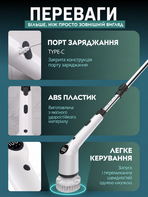 Беспроводная электрическая щетка для уборки многофункциональная с телескопической ручкой 8 в 1 универсальная электрощетка 30 W 2 режима 300 и 500 об мин 8 насадок для ванной кухни окон плитки авто и труднодоступных мест Anshe Clean - изображение 5