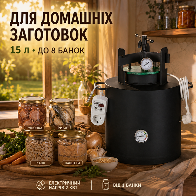 Автоклав для консервирования электрический 15 л домашний стерилизатор банок бытовой аппарат приготовления тушенки мясных рыбных овощных заготовок каш паштетов 8 по 0.5 л 7 по 1 л вертикальный 2 кВт 220 В универсальный манометр термометр - изображение 3