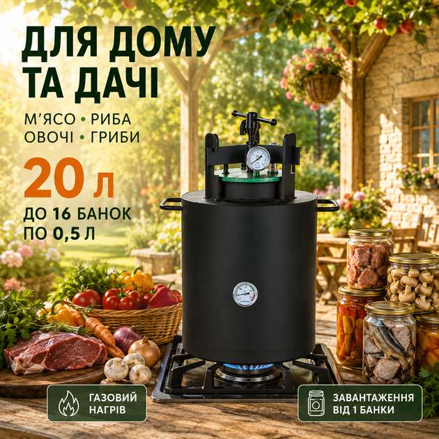 Автоклав для консервирования ЧЕ-16 газовый 20 л домашний аппарат приготовления тушенки мясных рыбных овощных заготовок 16 банок по 0.5 л внешний нагрев вертикальный черная сталь термометр манометр 6 атм 125 градусов для дома дачи - изображение 3