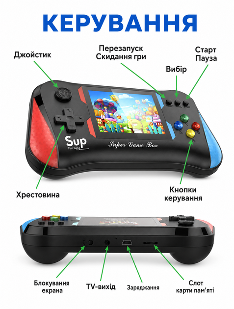 Портативная игровая консоль с геймпадом SUP WOW-X7Mini 500 игр мини ретро приставка с экраном 3.5" - изображение 5