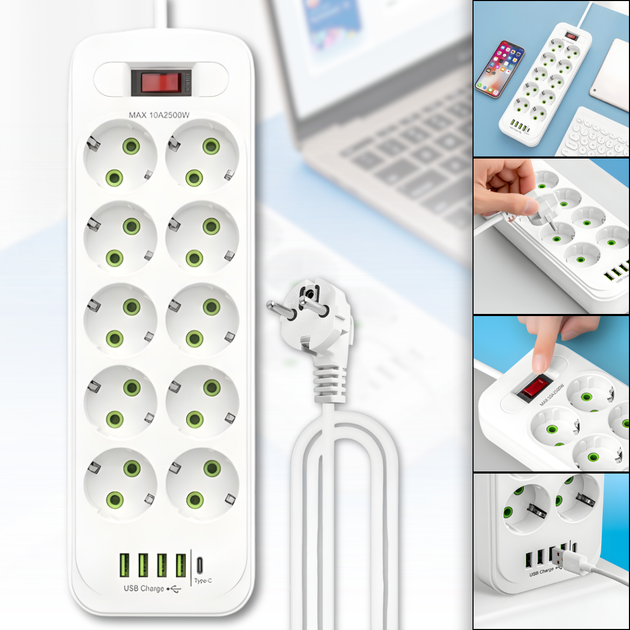 Удлинитель-переноска D10 10×220В+ 4×USB+ 1×Type-C 2500W 5 метров - изображение 5