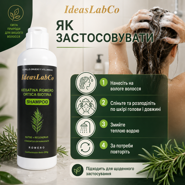 Шампунь для тонких и ослабленных IdeasLabCo Kebatina Romero Ortica Biotina Тонизирующий шампунь для ослабленных волос 200 г - Фото 6 Шампунь для тонких и ослабленных IdeasLabCo Kebatina Romero Ortica Biotina Тонизирующий шампунь для ослабленных волос 200 г - изображение 6