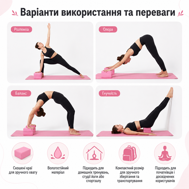 Йога-блок EVA для растяжки и фитнеса RR-150 Rose red - изображение 2