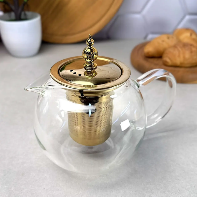 Стеклянный чайник-кофейник для плиты 950 мл Kandy GK-5801 с золотистыми элементами и удобным заварочным фильтром Прозрачный - Фото 2 Стеклянный чайник-кофейник для плиты 950 мл Kandy GK-5801 с золотистыми элементами и удобным заварочным фильтром Прозрачный - изображение 2