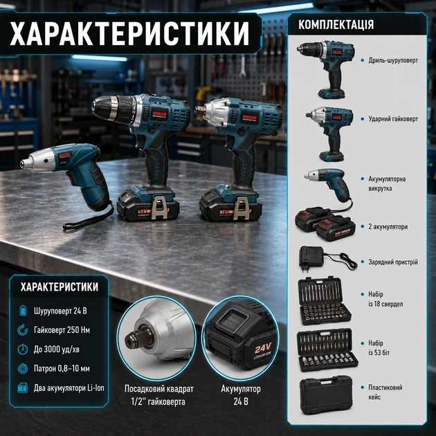 Набор аккумуляторных инструментов Boxer SR-033 3 в 1 дрель шуруповерт 24 В ударный гайковерт 250 Нм бесщеточный аккумуляторная отвертка 3,6 В комплект электроинструмента с двумя Li-Ion батареями 3 А·ч патроном 10 мм квадратом 1/2 LED подсветкой сверлами - изображение 3
