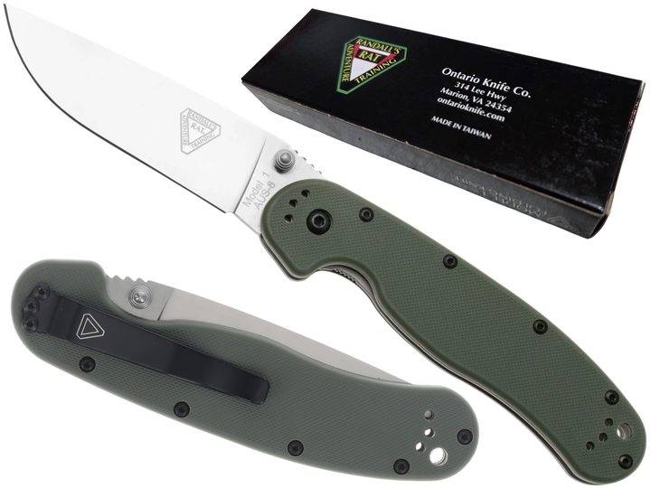 Ніж складаний Ontario Knife RAT I Linerlock, лезо Plain Satin AUS-8, руківя OD Green GFN, Тайвань, ON8848OD - Фото 2 Ніж складаний Ontario Knife RAT I Linerlock, лезо Plain Satin AUS-8, руківя OD Green GFN, Тайвань, ON8848OD - зображення 2