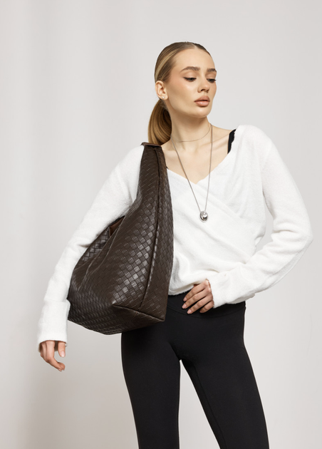 Большая повседневная женская плетеная сумка-шопер Sambag HOBO WEAVE L коричневая - изображение 2