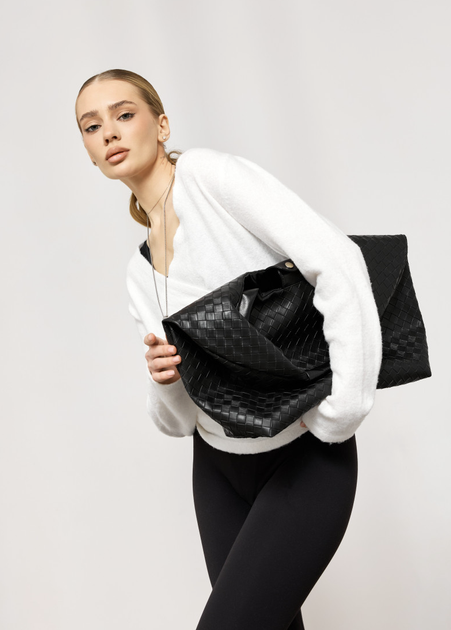 Большая повседневная женская плетеная сумка-шопер Sambag HOBO WEAVE L Черная - изображение 2