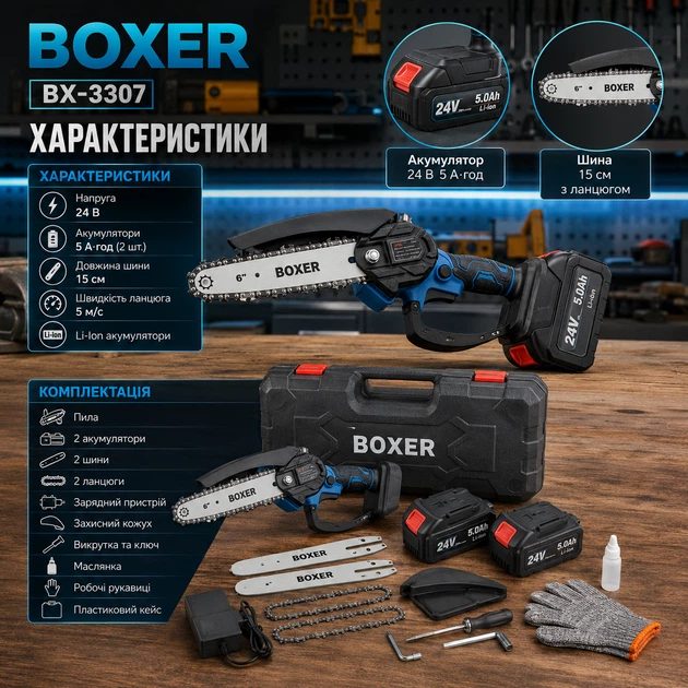 Аккумуляторная цепная пила Boxer BX-3307 электропила бесщеточная садовая мини компактная для обрезки деревьев веток распиливания древесины бревен бруса заготовки дров 24 В 5 А·ч шина 15 см 2 батареи кейс - изображение 3