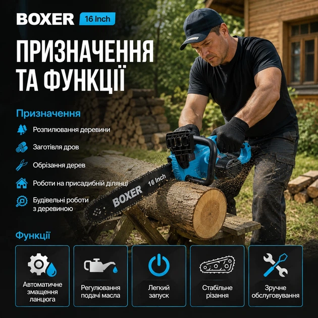Електропила Boxer BX-3306 ланцюгова мережева електрична пила садова для розпилювання деревини обрізання гілок заготівлі дров 2200 Вт 220 В шина 40 см швидкість 8 м сек автозмащення металевий корпус поперечний двигун - Фото 3 Електропила Boxer BX-3306 ланцюгова мережева електрична пила садова для розпилювання деревини обрізання гілок заготівлі дров 2200 Вт 220 В шина 40 см швидкість 8 м сек автозмащення металевий корпус поперечний двигун - зображення 3