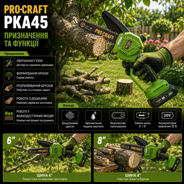 Аккумуляторная цепная пила Procraft PKA45 электропила мини бесщеточная садовая ручная компактная для обрезки деревьев кустов веток распиливания бруса досок древесины столярных работ 20 В шины 152 203 мм скорость 6 м с шаг 1 4 автосмазка бесключевое - изображение 4