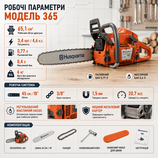 Бензопила 365 профессиональная 3,4 кВт цепная пила бензиновая 4,6 л.с. с шиной 45 см двигателем 65,1 см³ скоростью 20,7 м/с шагом 3/8 дюйма антивибрационная для валки деревьев заготовки дров лесозаготовки строительства сада дачи частного дома хозяйства - изображение 3