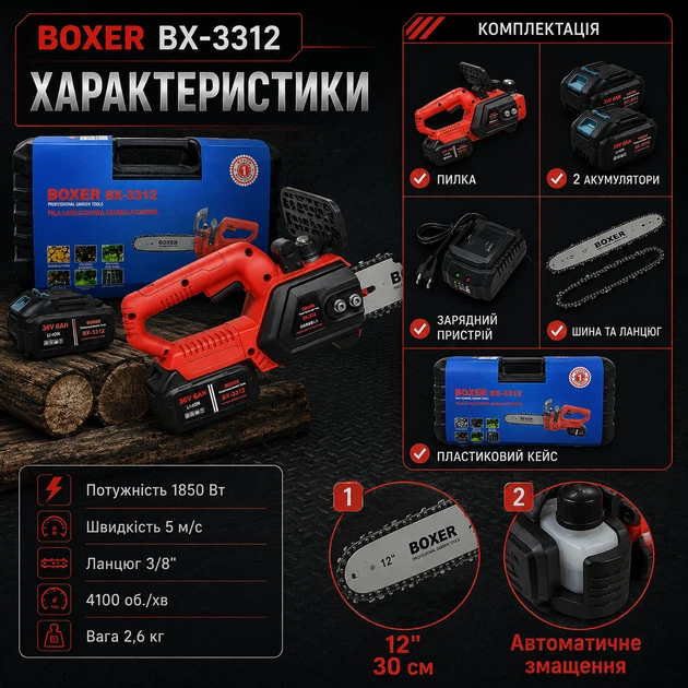 Аккумуляторная цепная пила BOXER BX-3312 электропила бесщеточная беспроводная садовая для обрезки деревьев веток распиливания бревен пиломатериалов заготовки дров строительных хозяйственных работ 1850 Вт 24 В 6 А·ч шина 30 см скорость 5 м с автосмазка - изображение 2