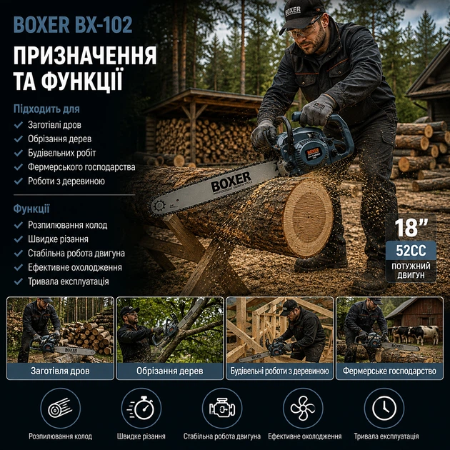 Бензопила BOXER BX-102 цепная бензиновая пила двухтактная садовая профессиональная для распиливания древесины заготовки дров обрезки деревьев фермерских строительных работ 5,9 кВт 7,9 лс 52 см³ шина 45 см 8000 об мин антивибрационная легкий запуск 2 шины - изображение 2