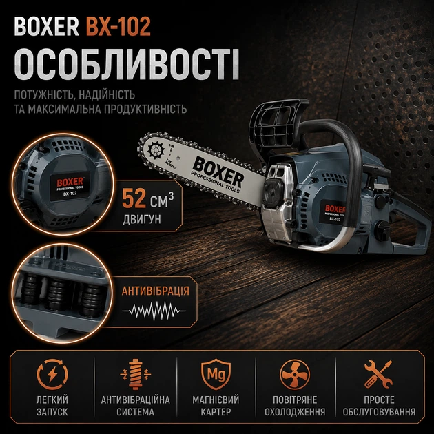 Бензопила BOXER BX-102 цепная бензиновая пила двухтактная садовая профессиональная для распиливания древесины заготовки дров обрезки деревьев фермерских строительных работ 5,9 кВт 7,9 лс 52 см³ шина 45 см 8000 об мин антивибрационная легкий запуск 2 шины - изображение 3