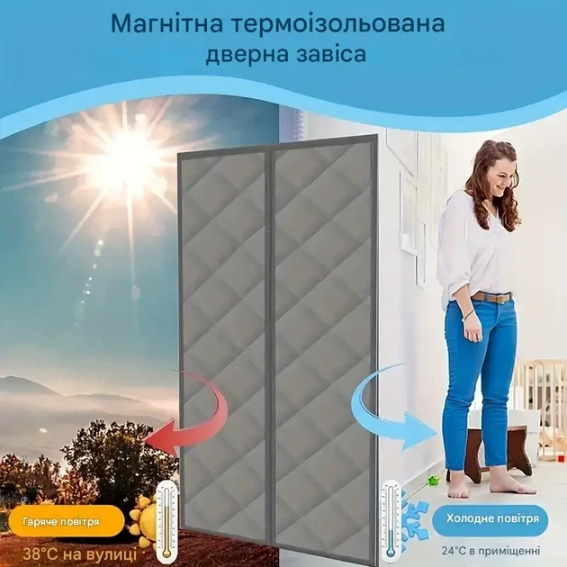 Магнитная теплоизоляционная штора на дверь от холода раздвижная дверная занавеска на магнитах Серая 100*210 см - изображение 2