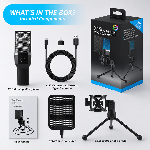 Игровой USB-микрофон X1S с RGB-подсветкой и настольным штативом - изображение 6