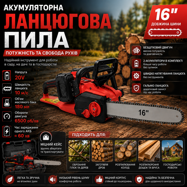 Акумуляторна ланцюгова пила 16"+ 2 акумулятори (з обох боків) Червона - зображення 3