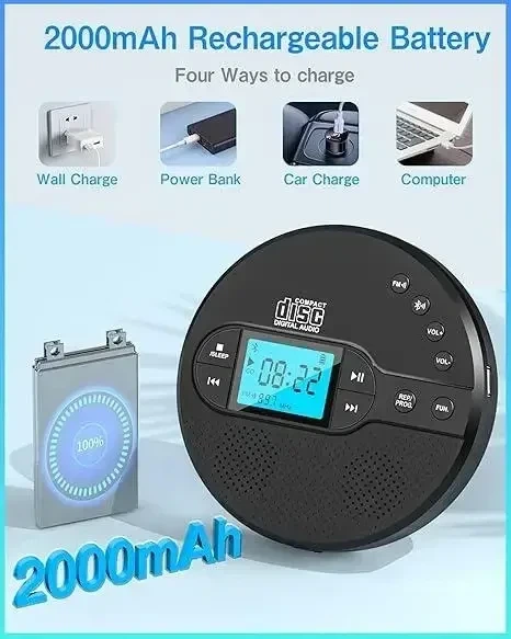 Портативний CD-плеєр CD-35 з Bluetooth, FM-передавачем, динаміками та LCD-дисплеєм - Фото 4 Портативний CD-плеєр CD-35 з Bluetooth, FM-передавачем, динаміками та LCD-дисплеєм - зображення 4