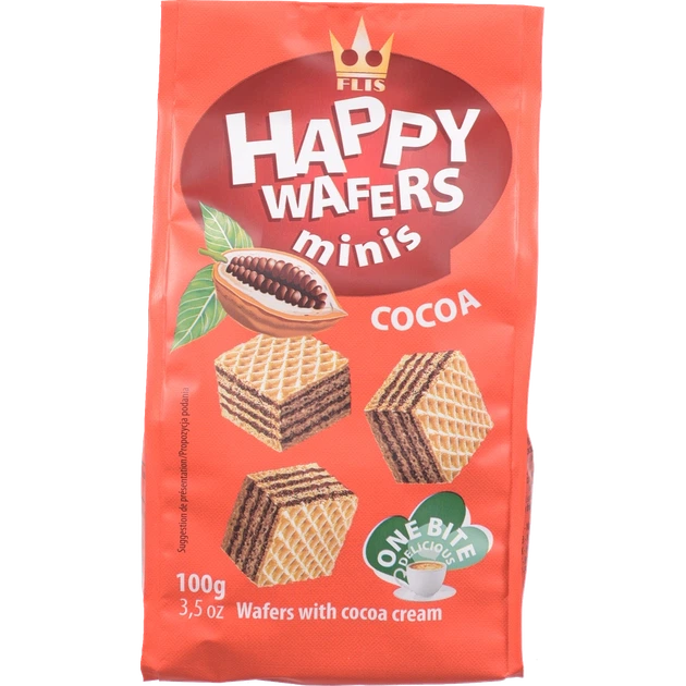 Вафлі FLIS Happy Wafers з начинкою какао 100 г И469 - Фото 1 Вафлі FLIS Happy Wafers з начинкою какао 100 г И469 - изображение 1