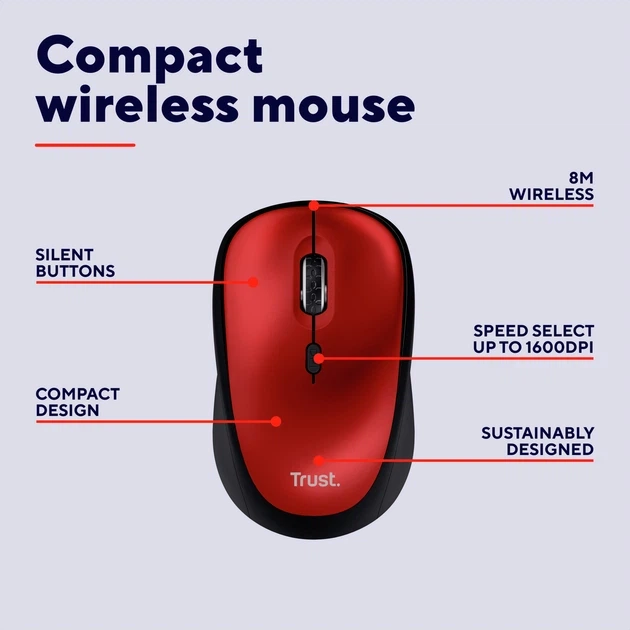 Компьютерная мышь Trust Yvi+ Silent Eco беспроводная Красная (24550) - Фото 6 Компьютерная мышь Trust Yvi+ Silent Eco беспроводная Красная (24550) - изображение 6