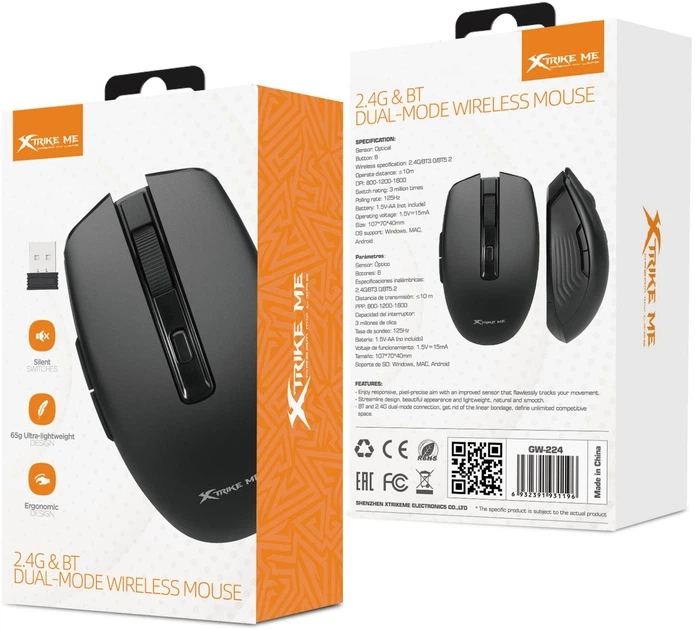Беспроводная компьютерная мышь Xtrike GW-224, 6 кнопок, Bluetooth 3.0/5.2 и USB 2.4 ГГц, 800–1600 DPI, черная (GW-224 BK) - изображение 6