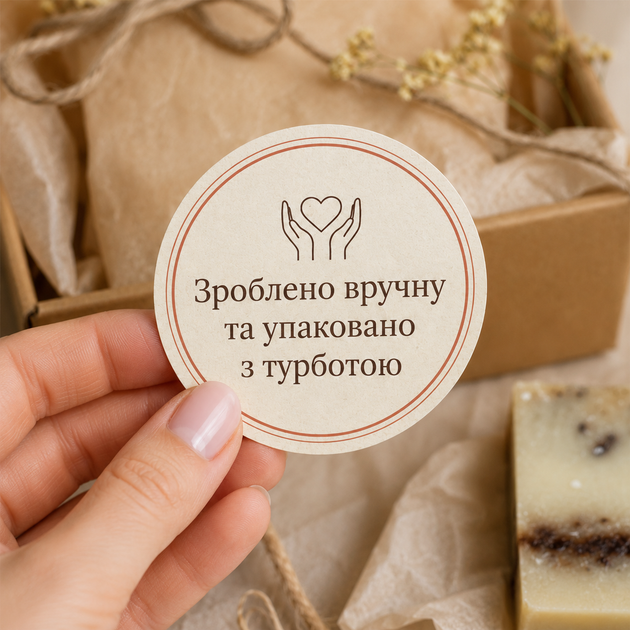 Заклейки для handmade-магазинів «Зроблено вручну та упаковано з турботою», 50 мм, 45 шт - Фото 2 Заклейки для handmade-магазинів «Зроблено вручну та упаковано з турботою», 50 мм, 45 шт - изображение 2