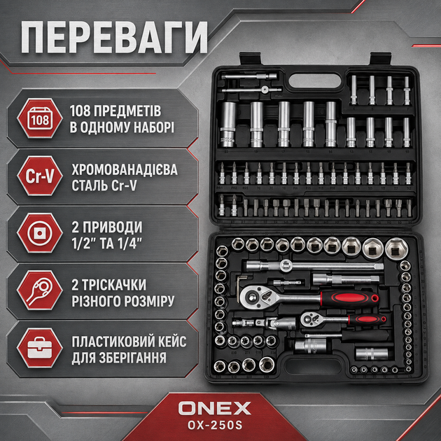 Профессиональный набор инструментов для автомобиля ONEX OX-250S 108 предметов набор головок с трещоткой комплект инструментов для СТО - изображение 2