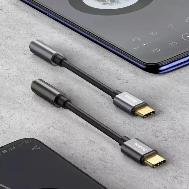 Перехідник Type-C на навушники mini-jack 3.5mm AUX BASEUS L54 (0.09m, DAC). Чорний - Фото 3 Перехідник Type-C на навушники mini-jack 3.5mm AUX BASEUS L54 (0.09m, DAC). Чорний - зображення 3