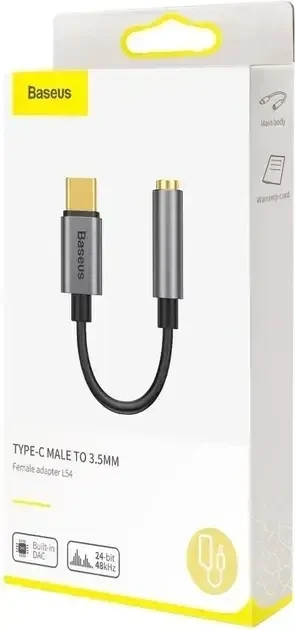 Перехідник Type-C на навушники mini-jack 3.5mm AUX BASEUS L54 (0.09m, DAC). Чорний - Фото 6 Перехідник Type-C на навушники mini-jack 3.5mm AUX BASEUS L54 (0.09m, DAC). Чорний - зображення 6