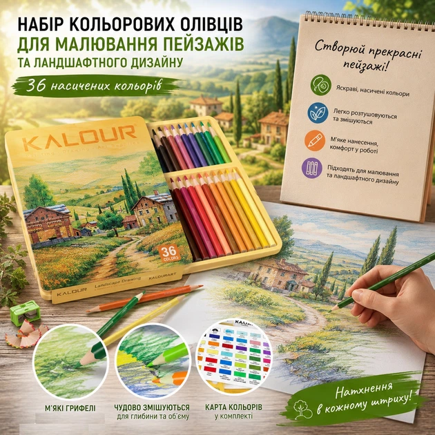 Профессиональные цветные карандаши KALOUR Landscape для рисования пейзажей 36 штук - изображение 8