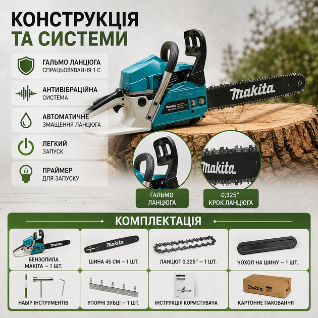 Цепная пила Makita бензиновая 50 см³ для спиливания деревьев бензопила профессиональная 4,8 л.с. садовая 45 см шина 0,325 цепь 11000 об мин ручной инструмент обрезки веток заготовки дров - изображение 3