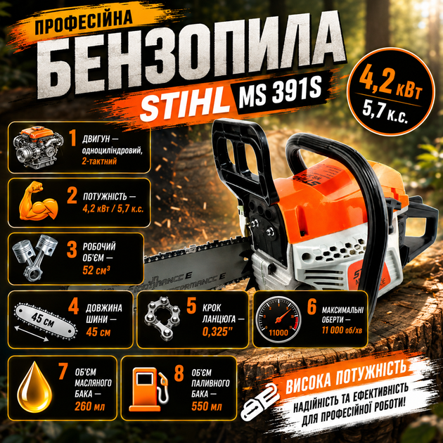 Бензопила профессиональная STIHL 4,2 кВт 52 см³ Бензиновая пила цепная Бензопила двухтактная - изображение 3