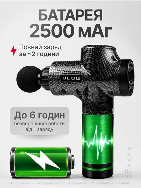 Масажер перкусійний для спини м'язів і масажу тіла масажний ручний пістолет електричний компактний для шиї рук портативний м'язовий ударний для ніг електромасажер вібраційний антицелюлітний 30 швидкостей 10 насадок BLOW чорний / сріблястий - зображення 3