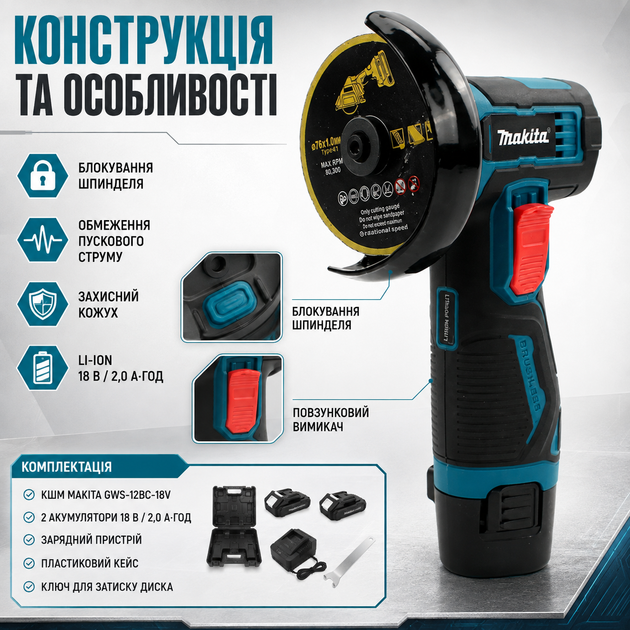 Угловая шлифмашина Makita GWS-12BC-18V 19500 об мин аккумуляторная КШМ 18 В болгарка 2 А·ч компактная 75 мм для металла профиля заготовок шлифовка зачистка строительных ремонтных монтажных работ 2 батареи кейс - изображение 3