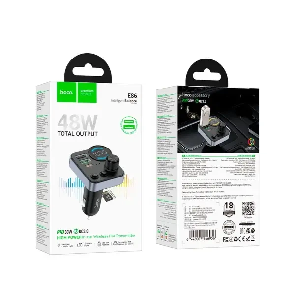 FM модулятор Hoco E86 Alegria, Car Charger, 2xUSB-A, 1xType-C, 48W dual port PD30W, QC3.0, Чорний - зображення 2