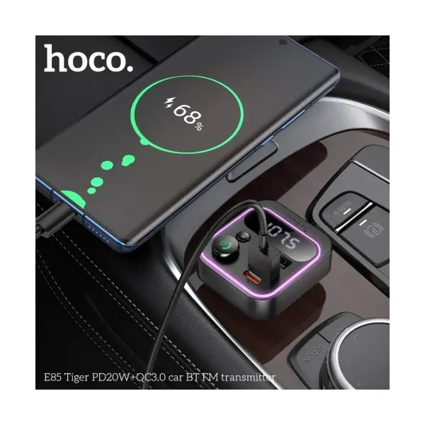 FM модулятор Hoco E85 Tiger, Car Charger, 2xUSB-A, 1xType-C, PD20W, QC3.0, Сірий - изображение 5