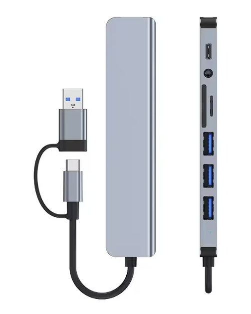 USB-хаб 8 в 1 – USB 3.0/2.0, Type-C, SD/TF картридер, аудіо 3.5 мм, універсальний - Фото 3 USB-хаб 8 в 1 – USB 3.0/2.0, Type-C, SD/TF картридер, аудіо 3.5 мм, універсальний - зображення 3