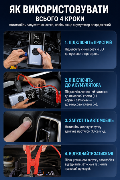 Пуско-зарядное устройство с автокомпрессором BUWEI QS213 4в1 для запуска авто и подкачки шин (черный) - изображение 9